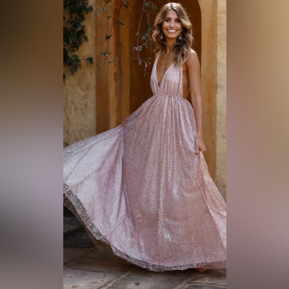 Hello Molly Pink Plunge Neck Backless Gown